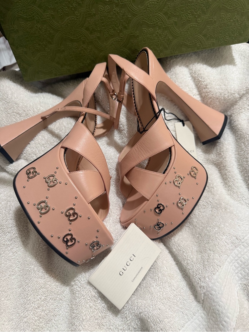 Gucci Blush Pink Platform Sandal Heels with Logo Studs